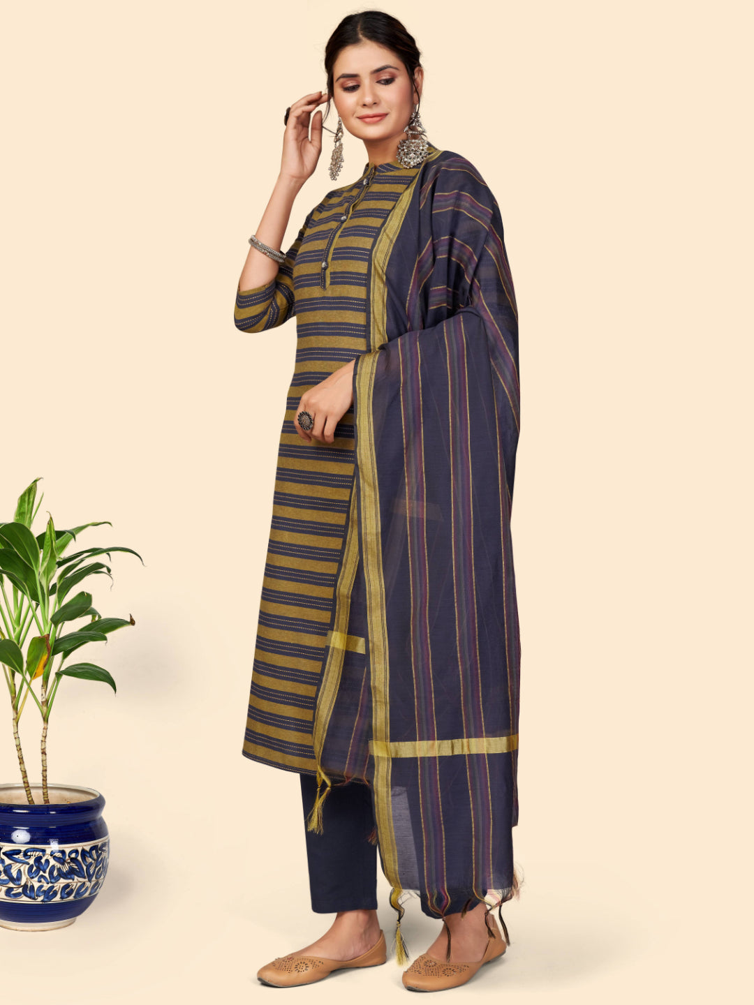 Blue Printed Straight Cotton Kurta Set