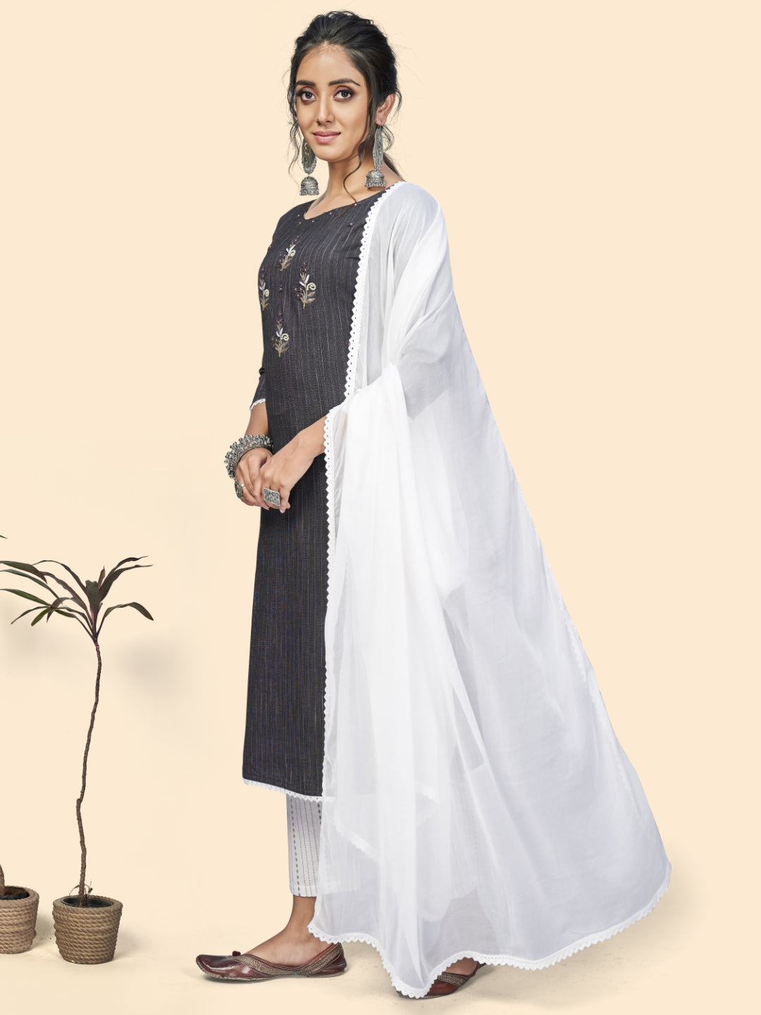 Black Embroidered Straight Cotton Blend Kurta Set