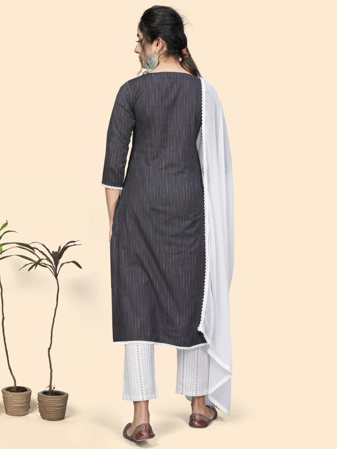 Black Embroidered Straight Cotton Blend Kurta Set
