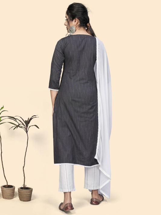 Black Embroidered Straight Cotton Blend Kurta Set