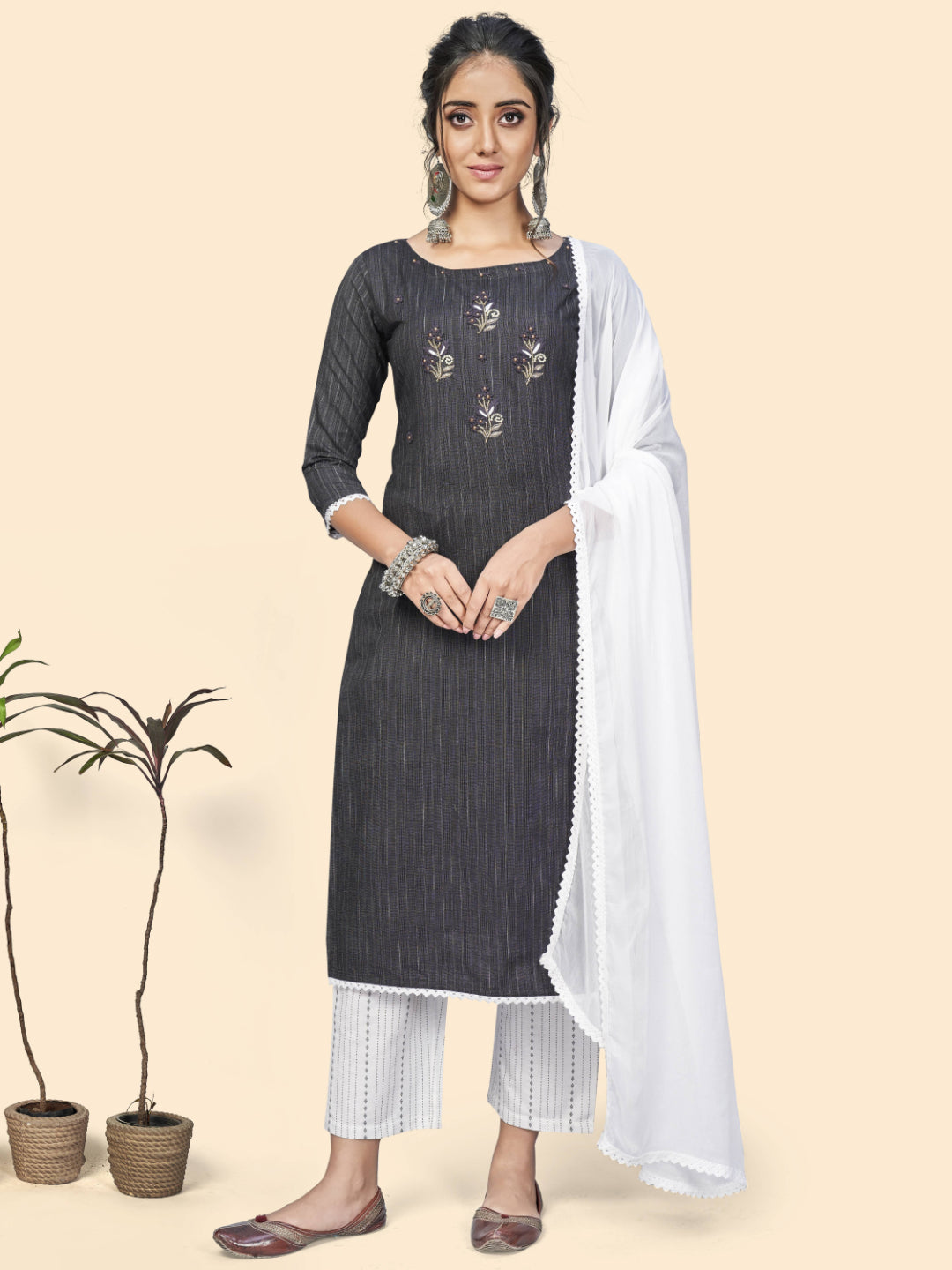 Black Embroidered Straight Cotton Blend Kurta Set