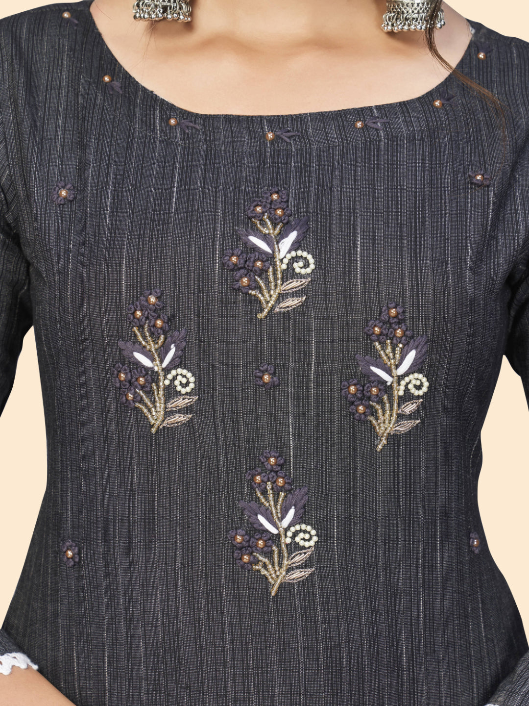 Black Embroidered Straight Cotton Blend Kurta Set