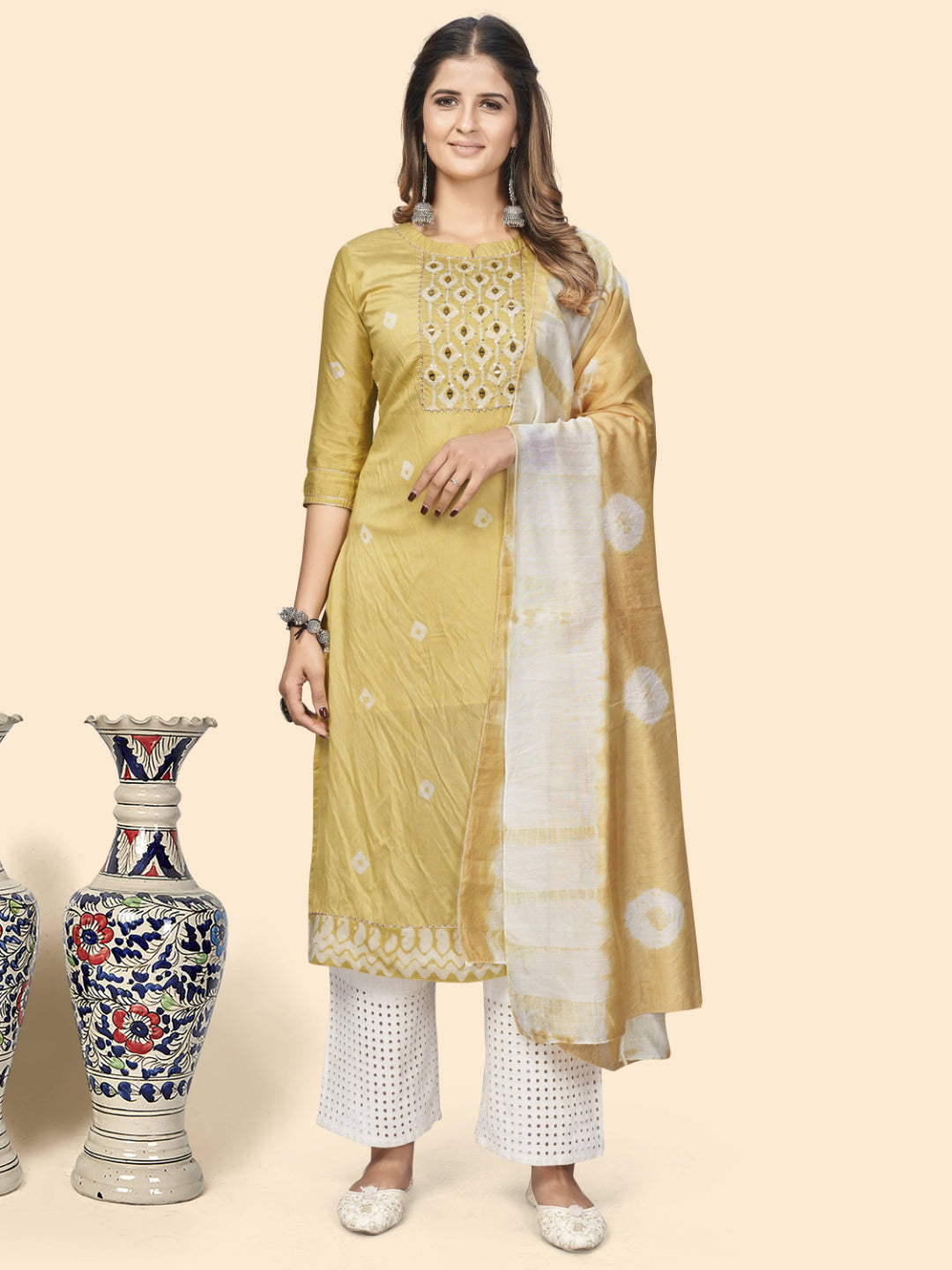 Yellow Embroidered Straight Chanderi Kurta Dupatta