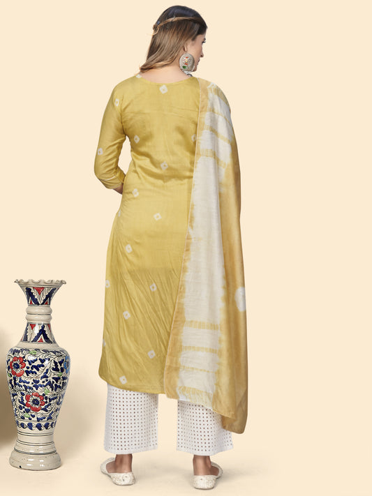 Yellow Embroidered Straight Chanderi Kurta Dupatta