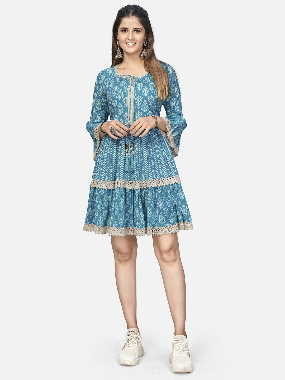 Sky Blue Embroidered Flared Cotton Dress