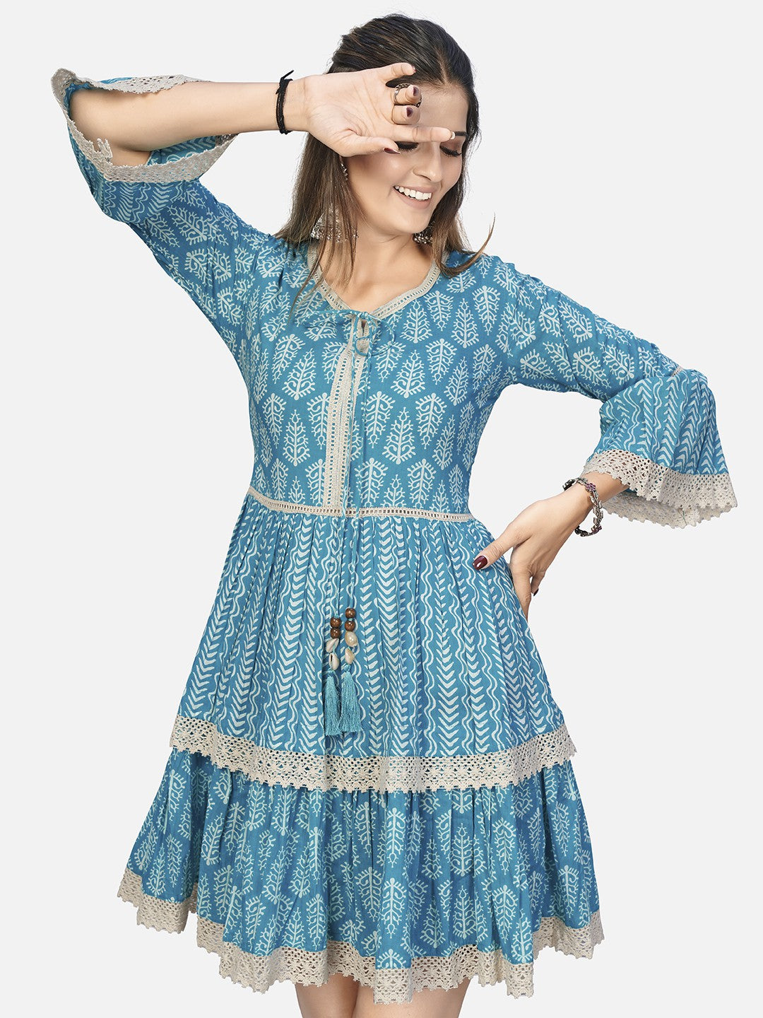 Sky Blue Embroidered Flared Cotton Dress