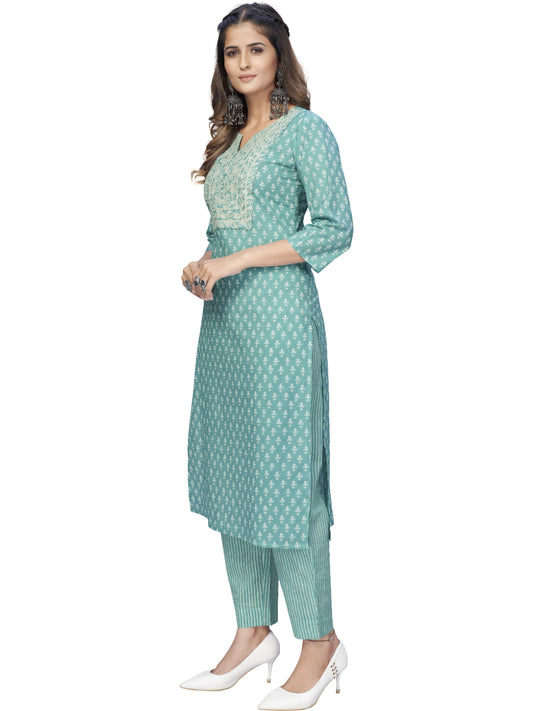 Turquoise Straight Cotton Kurta With Pant