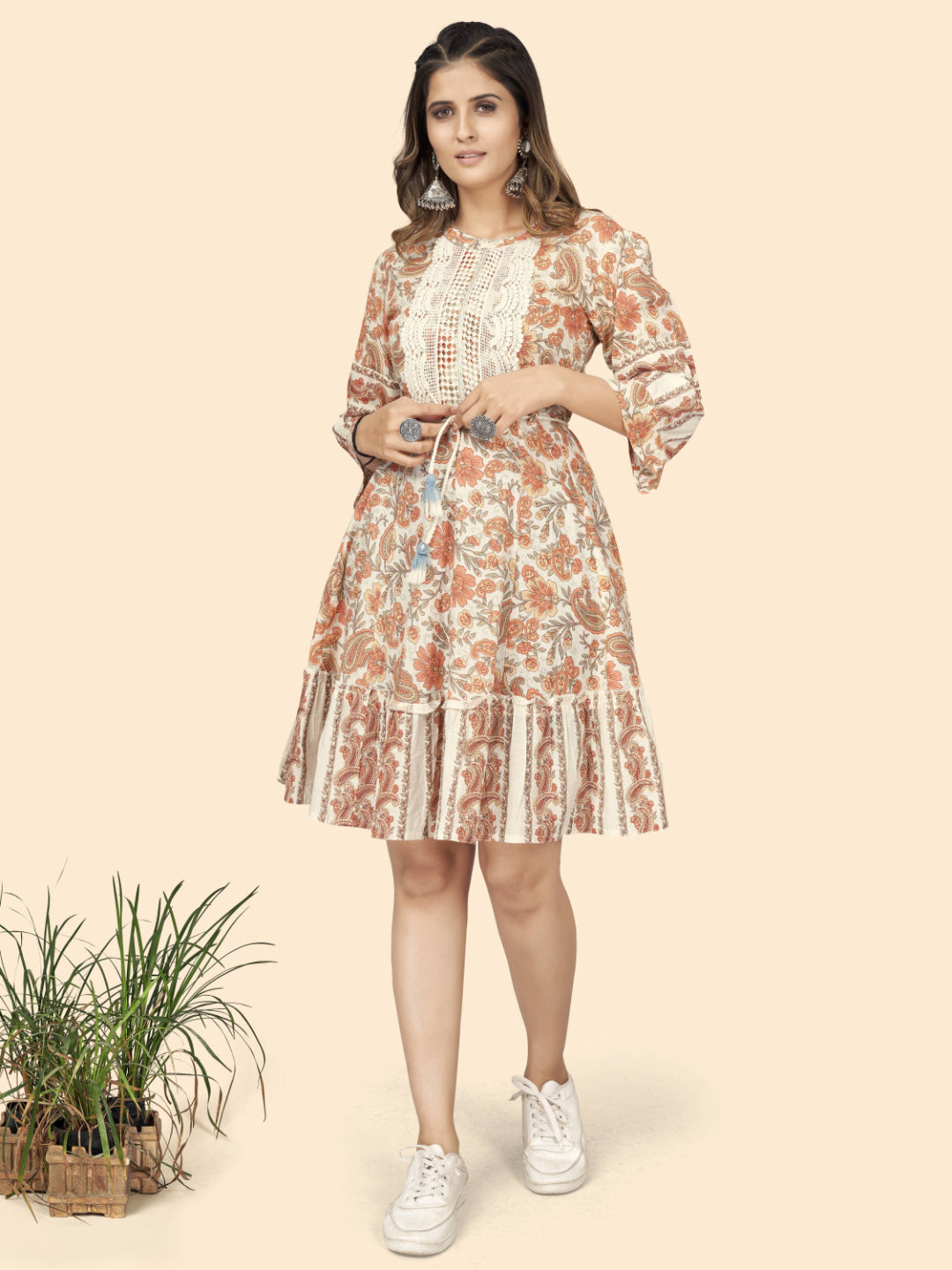 Cream Lace Work Flared Cotton Dress