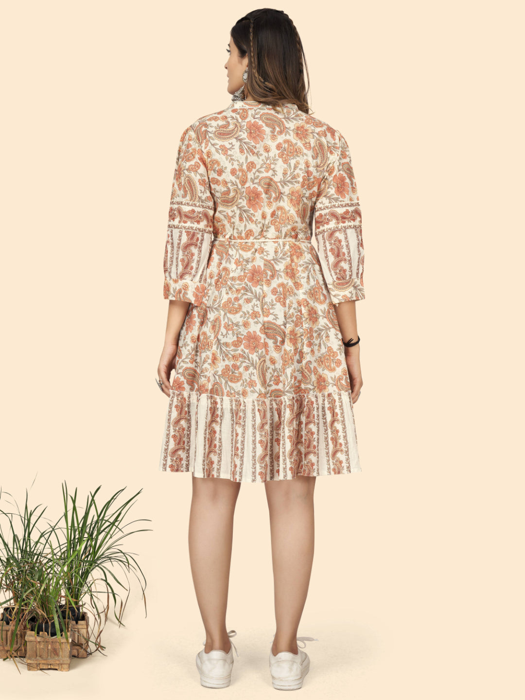 Cream Lace Work Flared Cotton Dress