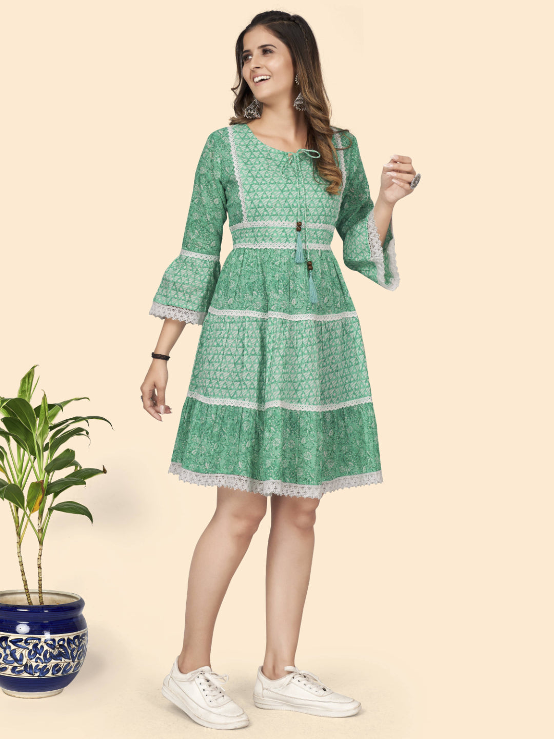 Turquoise Printed Flared Cotton Dress