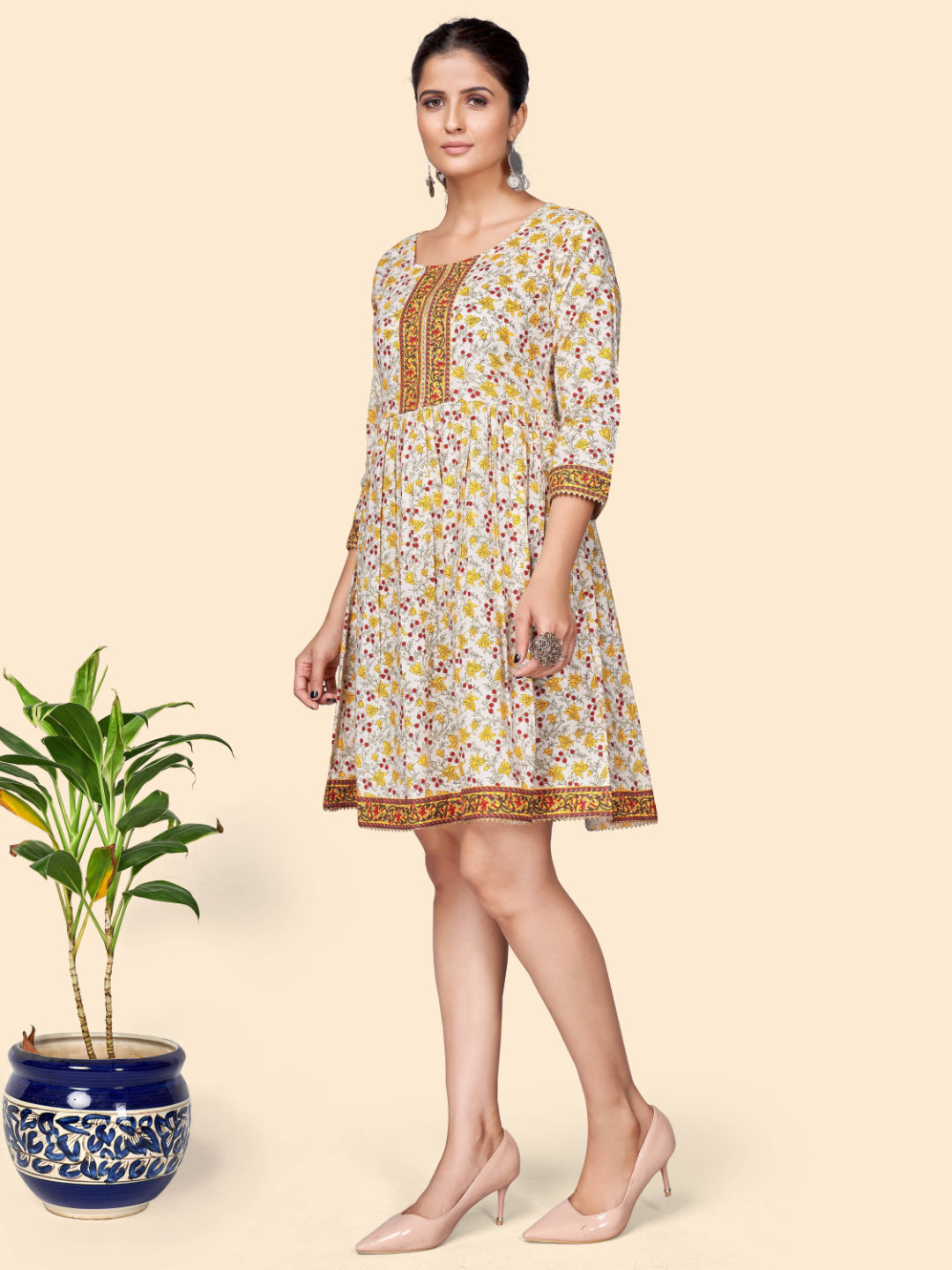 Yellow Printed Flared Cotton Dress