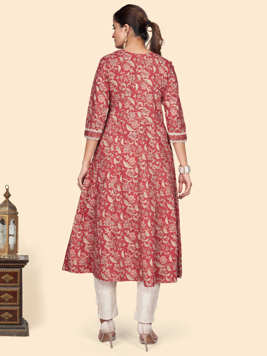 Red Printed A-Line Cotton Kurta