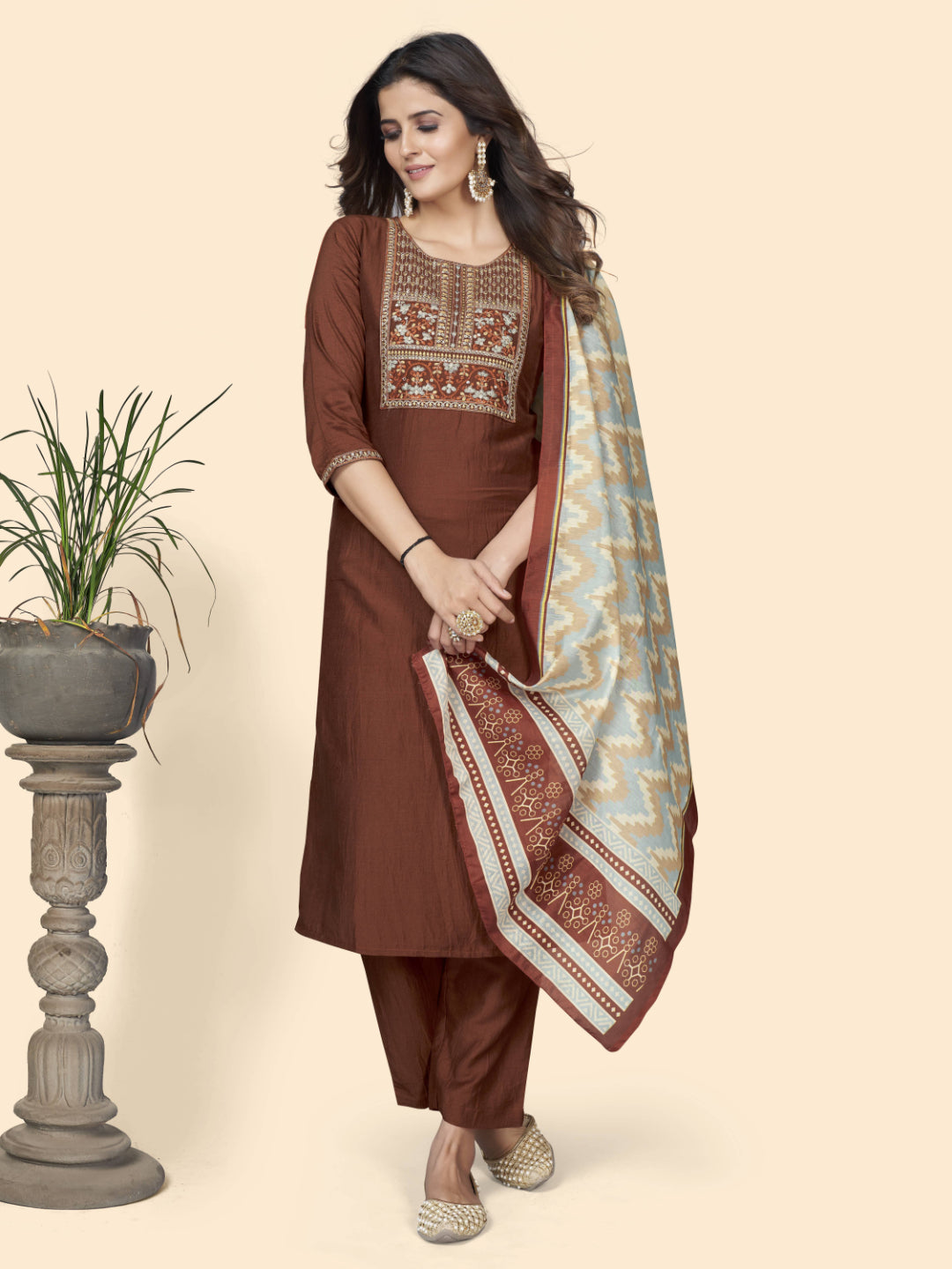 Brown Embroidered Straight Chinon Kurta Set