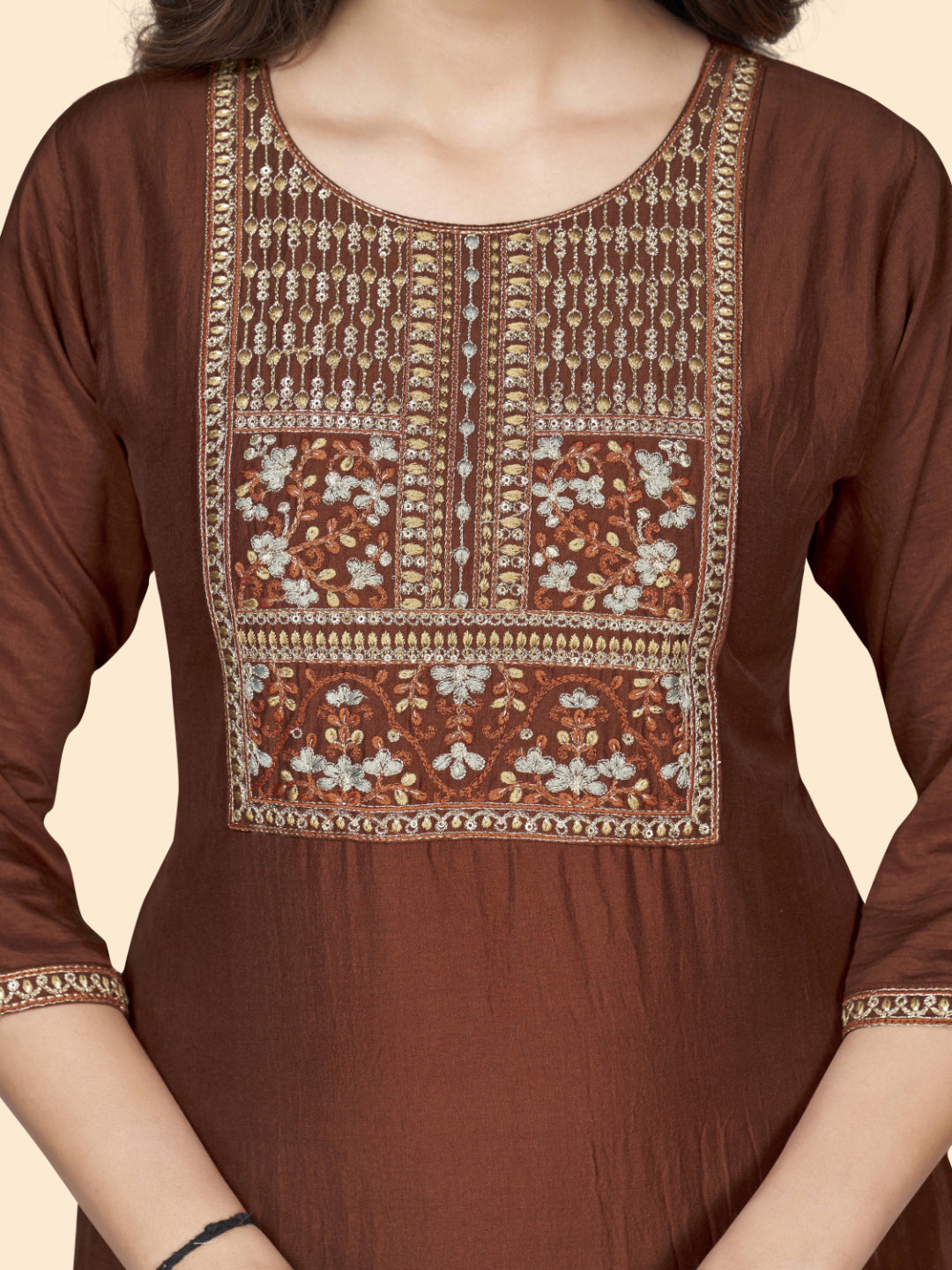 Brown Embroidered Straight Chinon Kurta Set