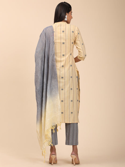 Yellow Printed Straight Cotton Blend Kurta Set