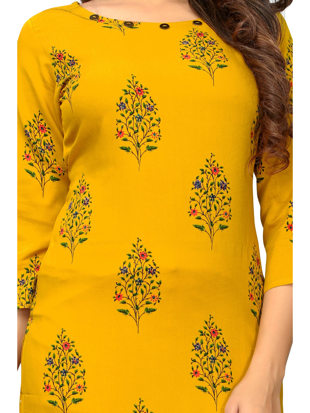 Yellow Printed Rayon Straight Kurti