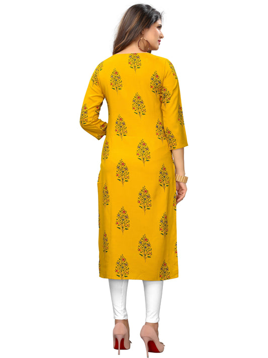 Yellow Printed Rayon Straight Kurti