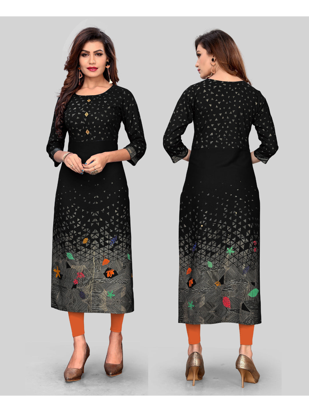 Black Printed Rayon Straight Kurti