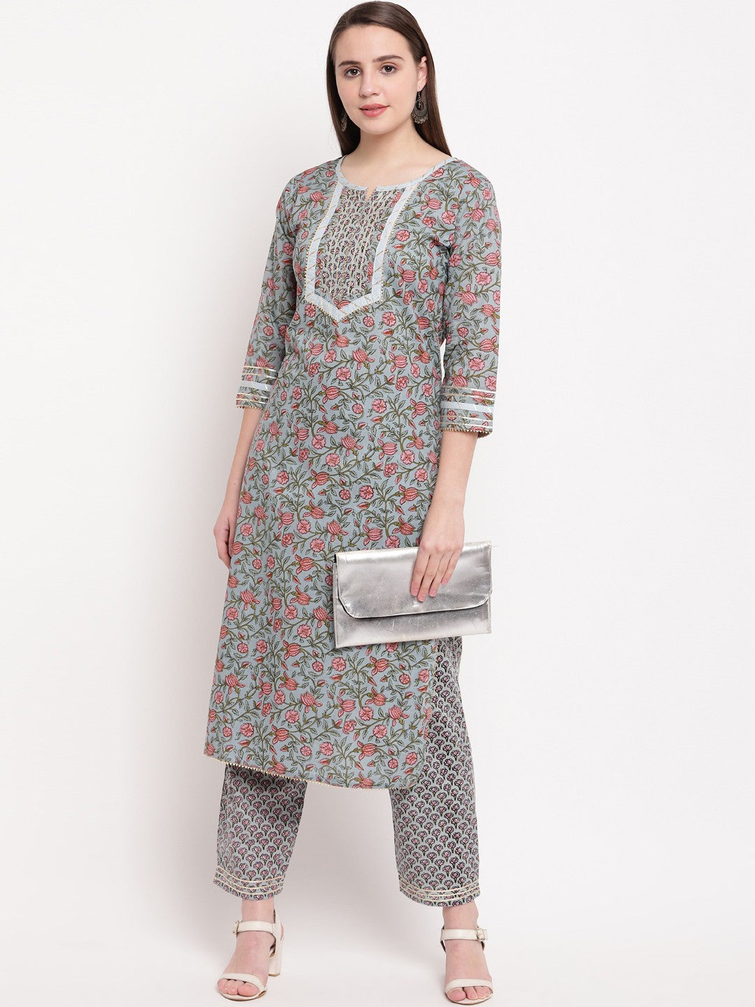 Grey Printed Straight cotton Kurti Pant