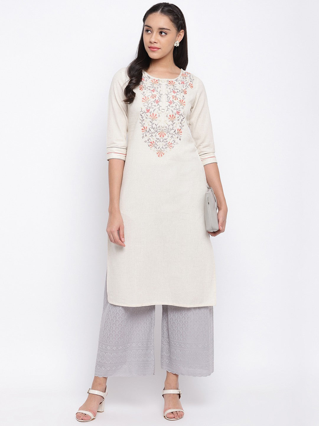 Off White Embroidered Straight Cotton Kurti