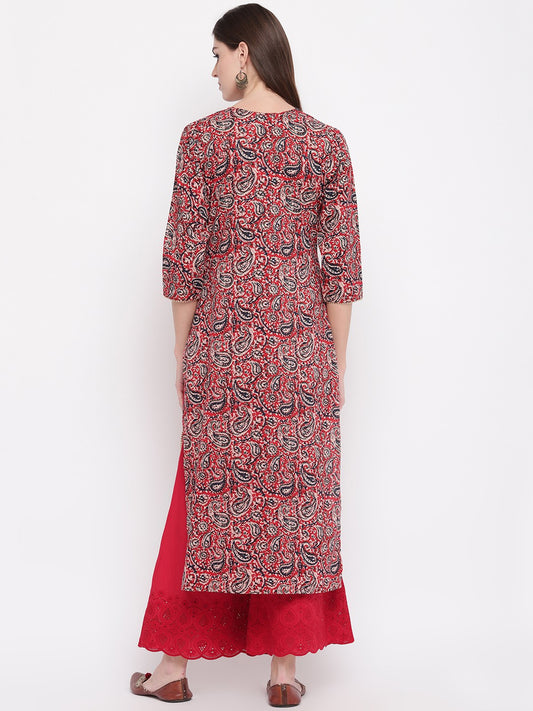 Red Kalamkari Print Straight Cotton Kurti