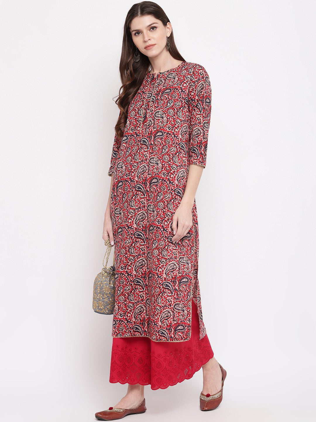Red Kalamkari Print Straight Cotton Kurti