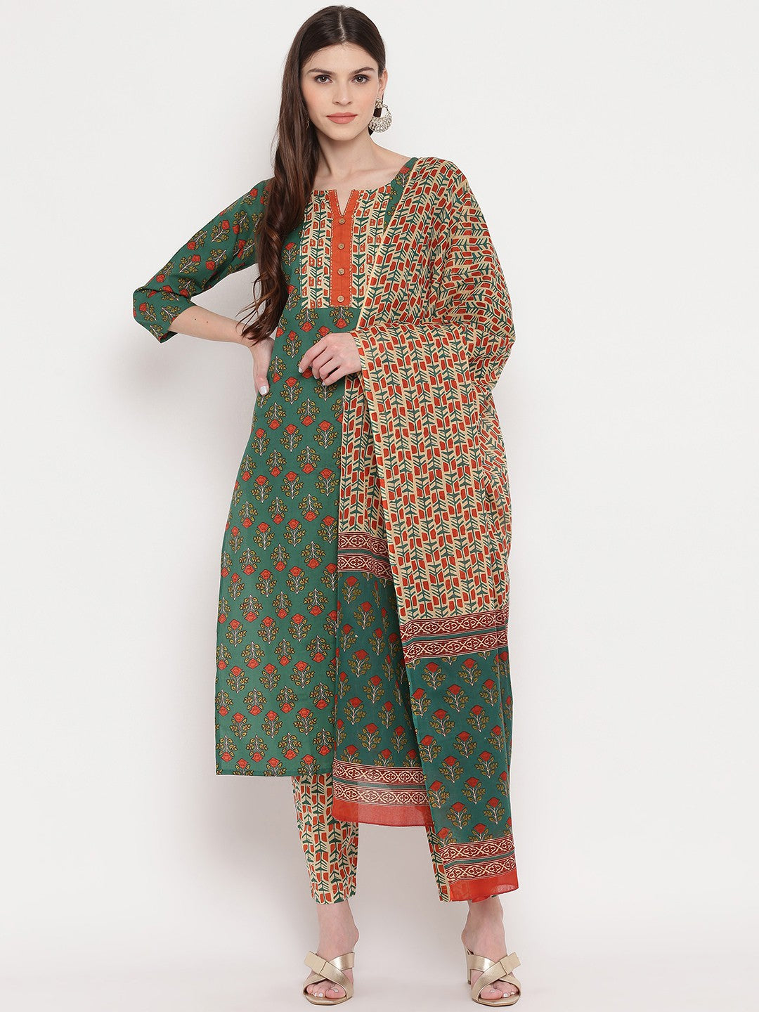 Green Embroidered Straight cotton Kurta Set