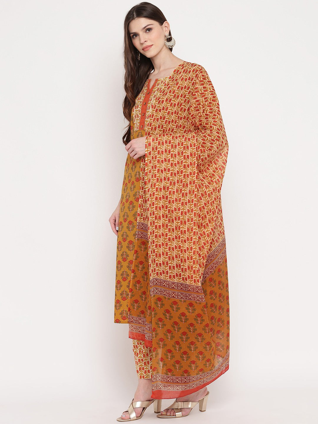 Mustard Yellow Embroidered Straight cotton Kurta Set
