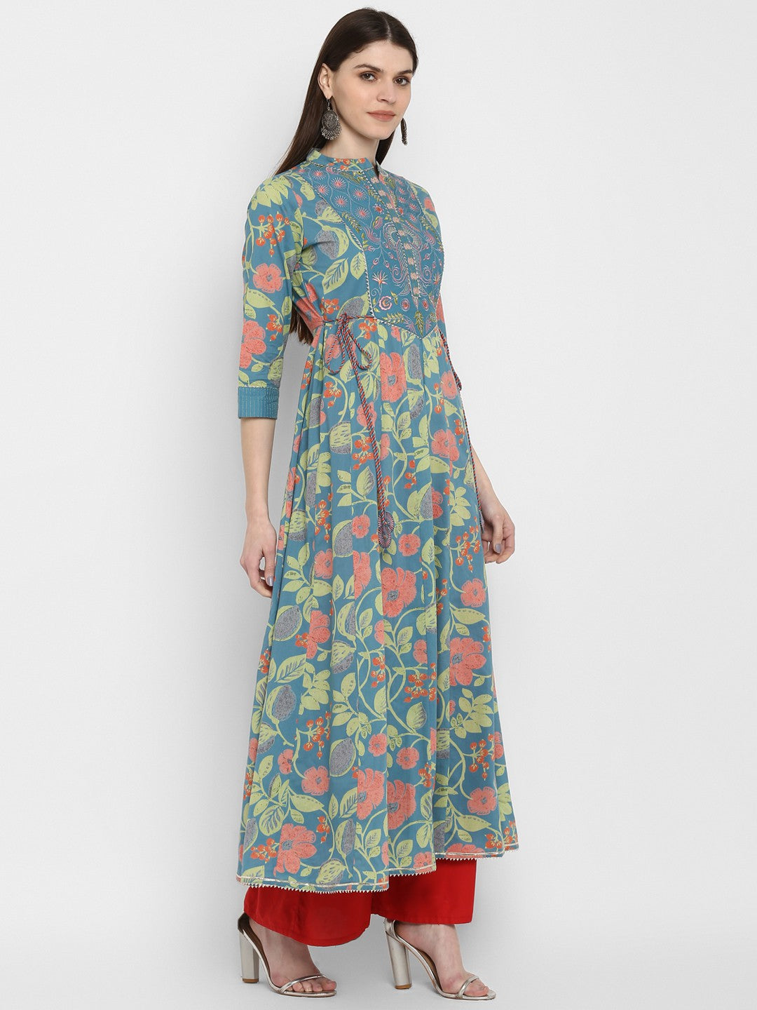 Turquoise Embroidered Anarkali Cotton Kurta