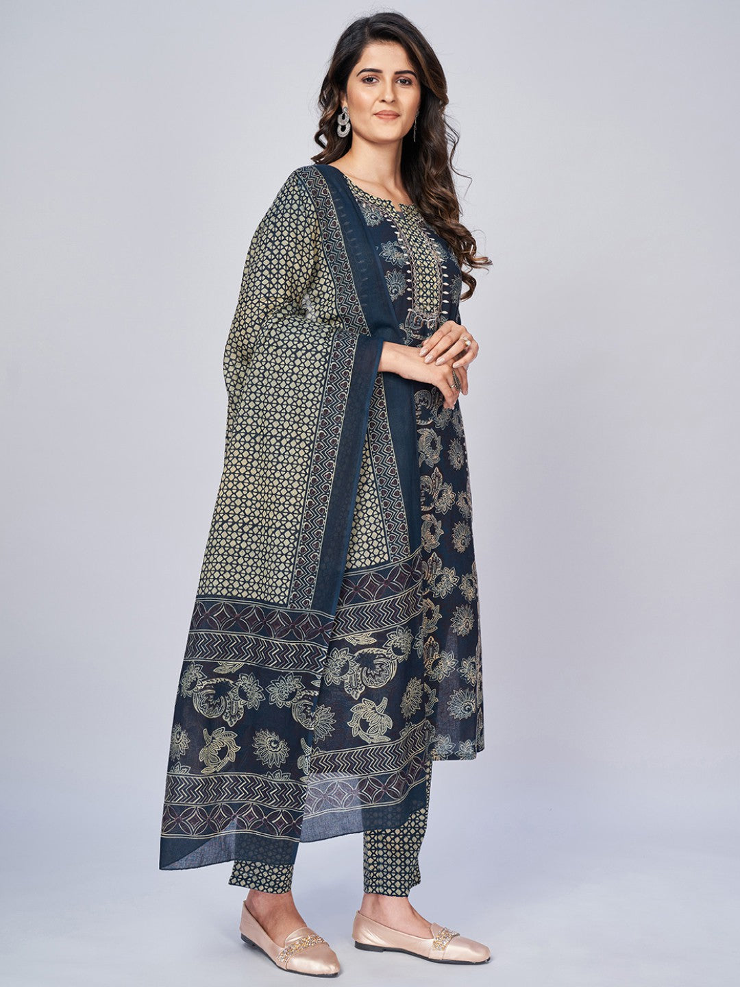 Blue Embroidered Straight Cotton Kurta Set