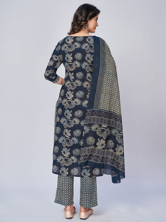 Blue Embroidered Straight Cotton Kurta Set