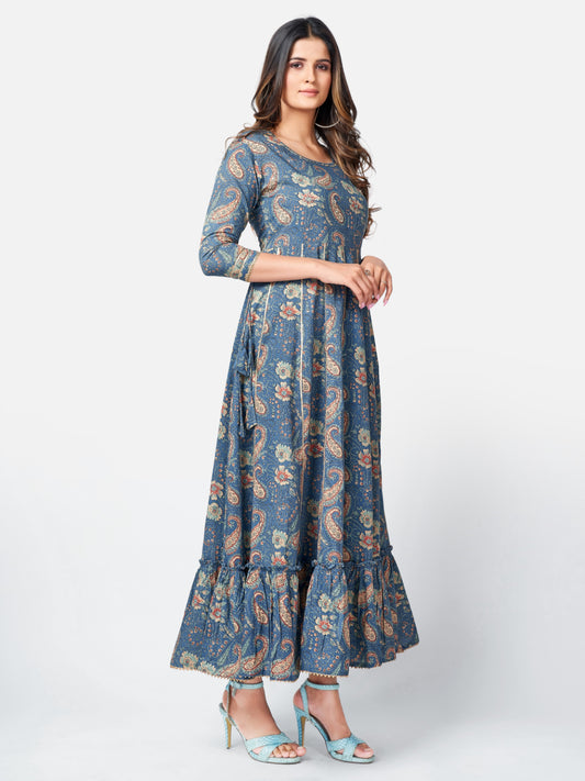 Blue Embroidered Anarkali Cotton Gown