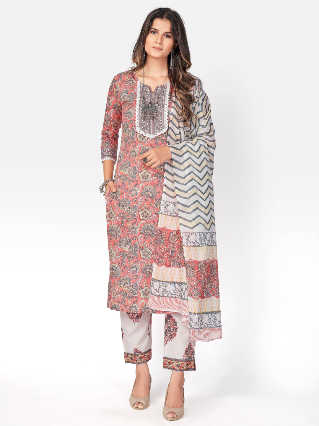 Pink Printed Straight Cotton Kurta Set