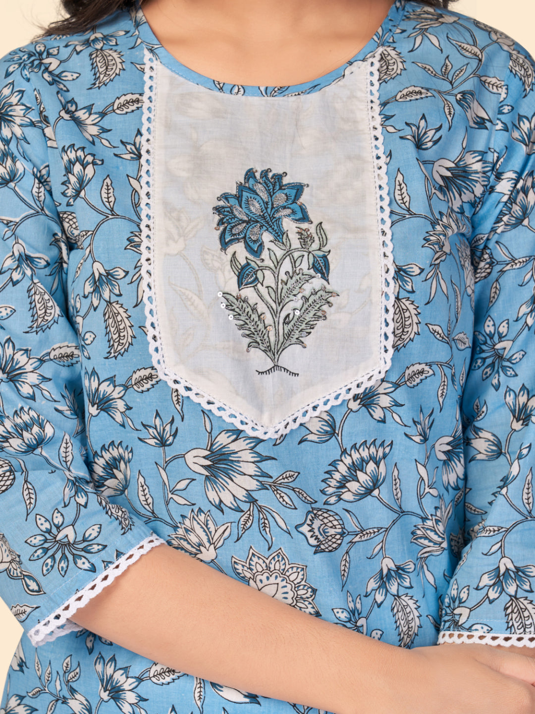 Sky Blue Embroidered Straight Cotton Kurta Set