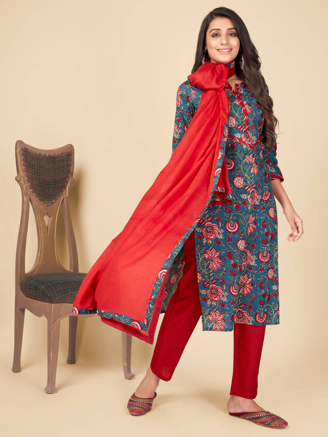 Blue Embroidered Straight Cotton Kurta Set