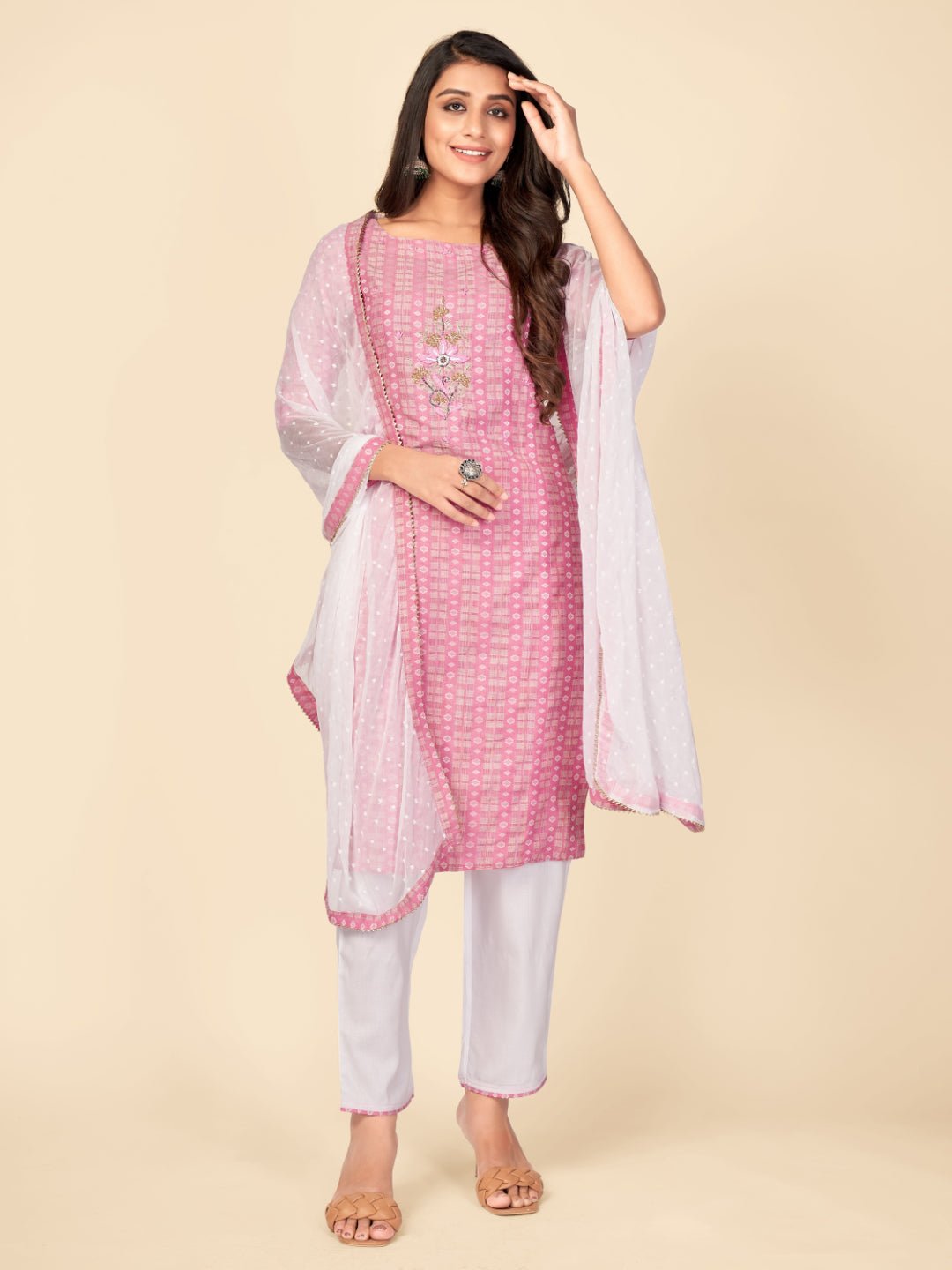 Pink Embroidered Straight Cotton Kurta Set