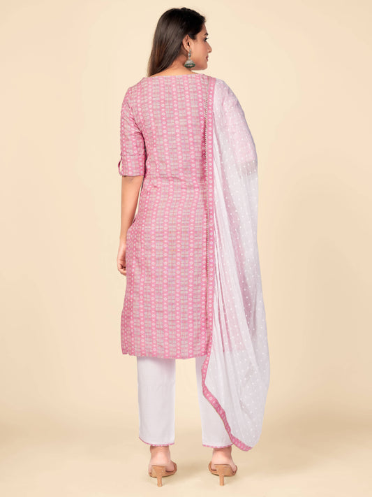 Pink Embroidered Straight Cotton Kurta Set