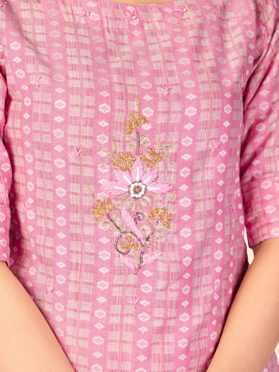 Pink Embroidered Straight Cotton Kurta Set