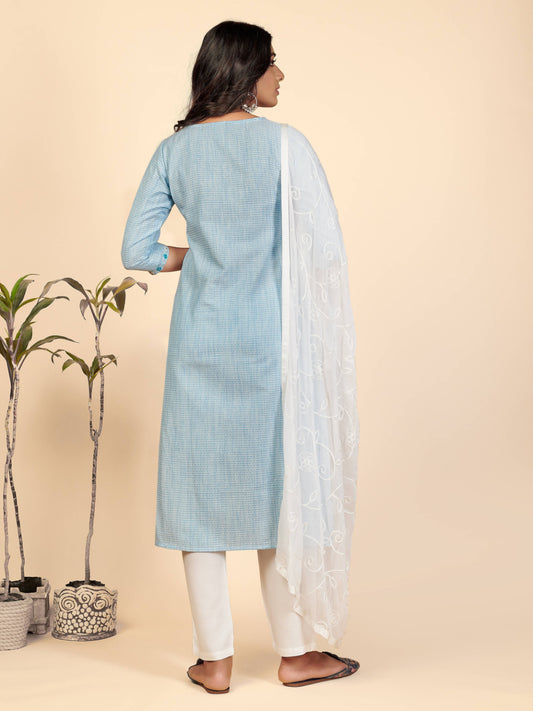 Sky Blue Embroidered Straight Cotton Kurta Set
