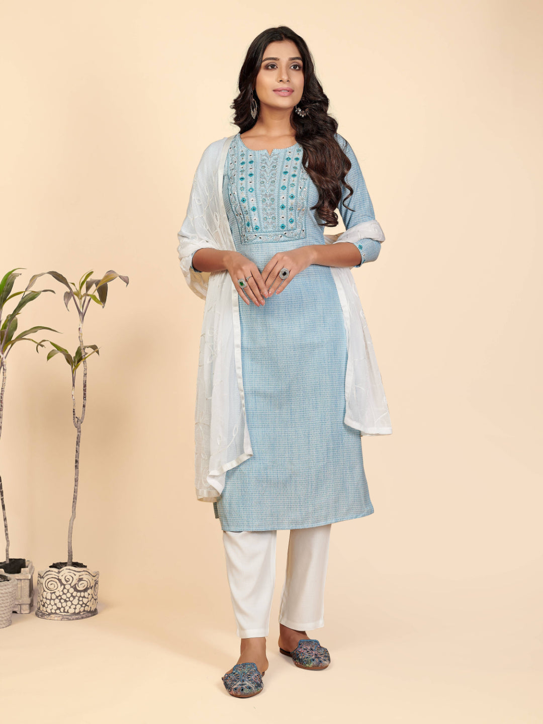 Sky Blue Embroidered Straight Cotton Kurta Set