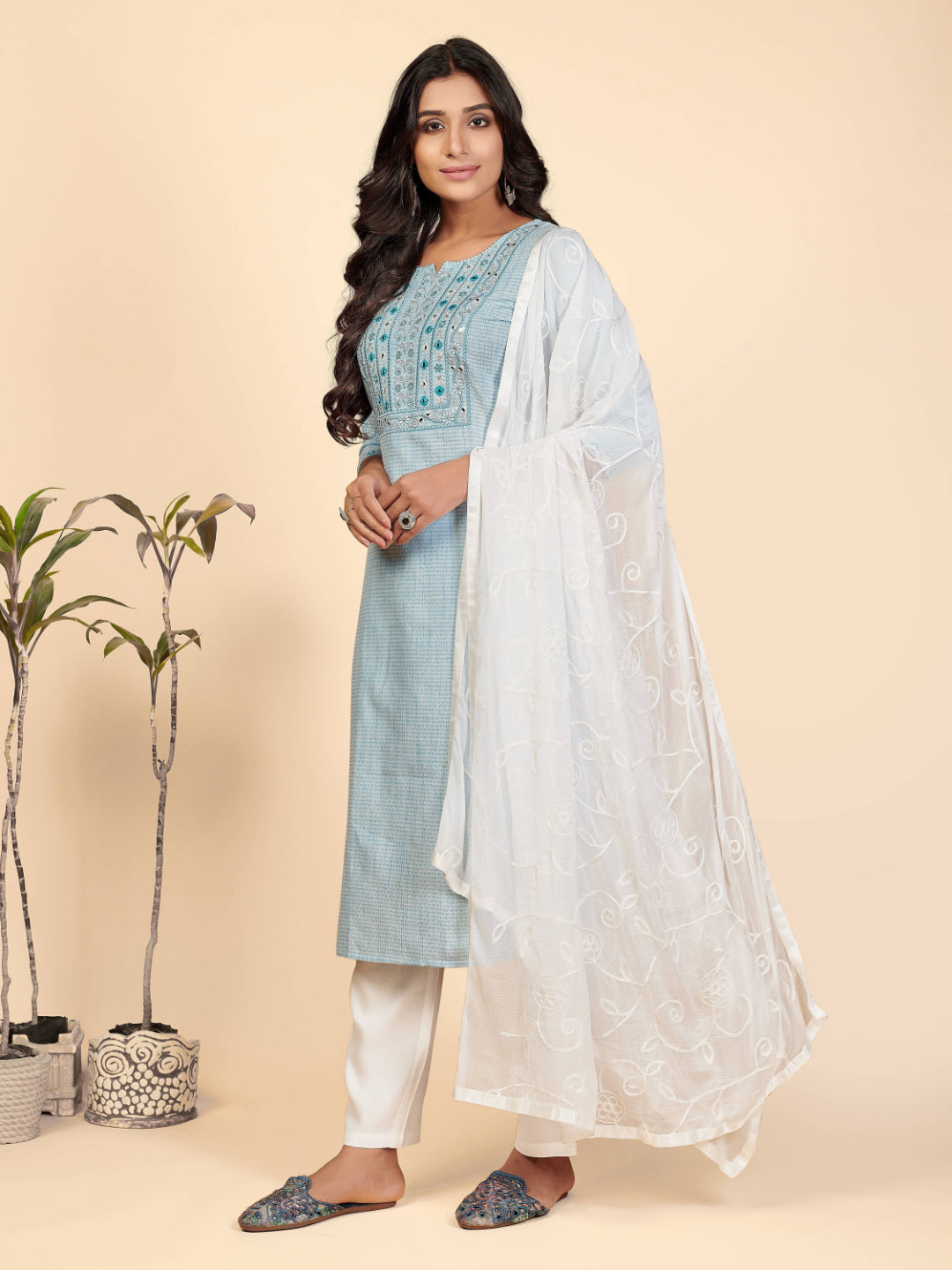 Sky Blue Embroidered Straight Cotton Kurta Set