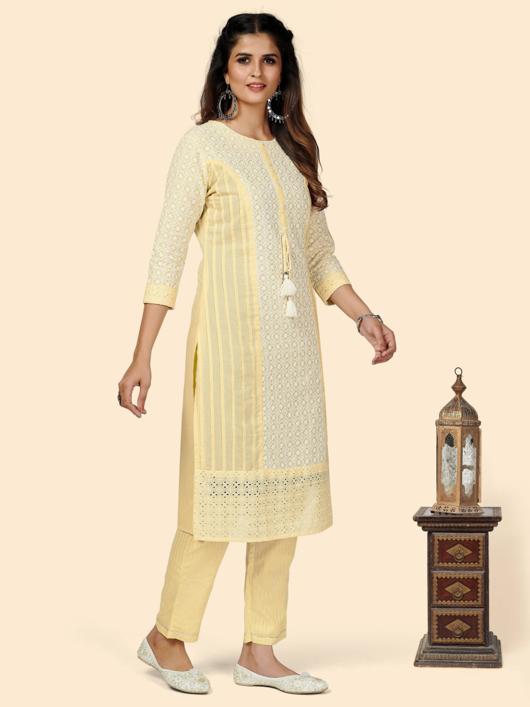Yellow Chikankari Straight Cotton Kurta Pant