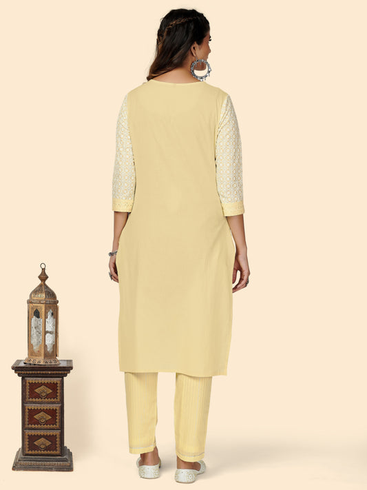 Yellow Chikankari Straight Cotton Kurta Pant