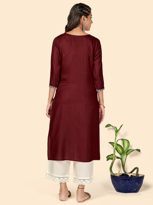 Maroon Embroidered Straight Rayon Kurta