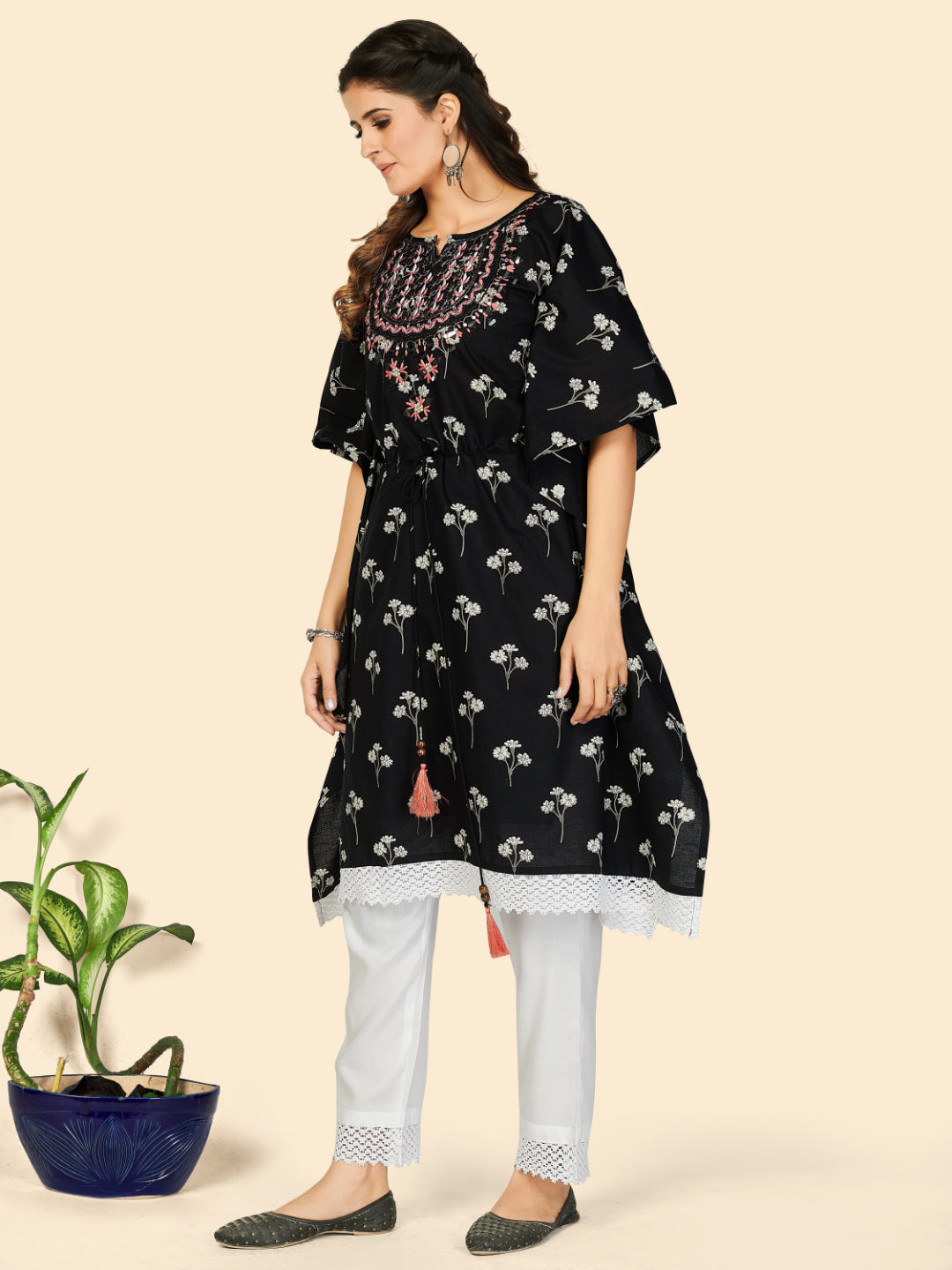 Black Embroidered Cotton Kaftan Kurta Pant