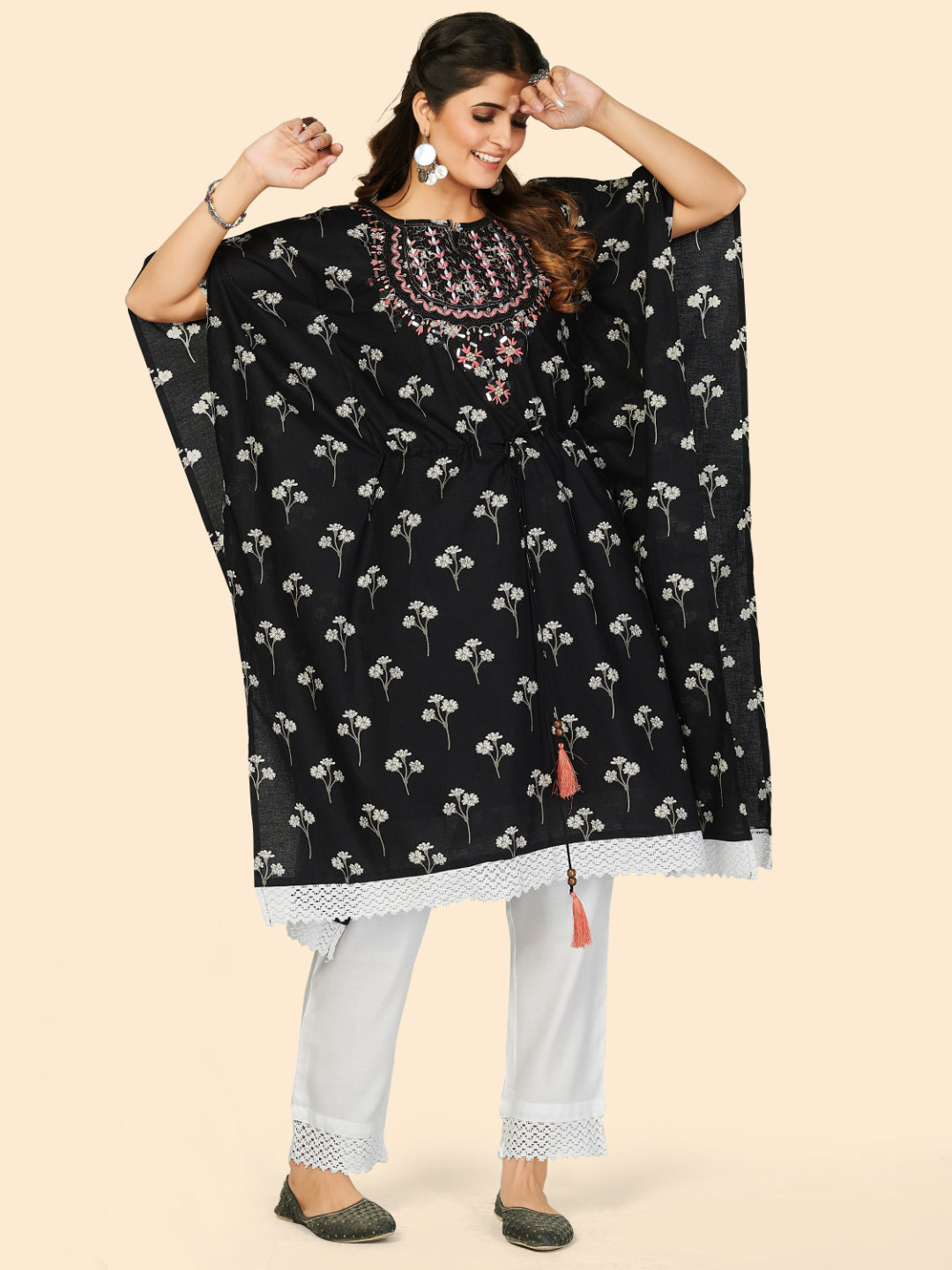 Black Embroidered Cotton Kaftan Kurta Pant