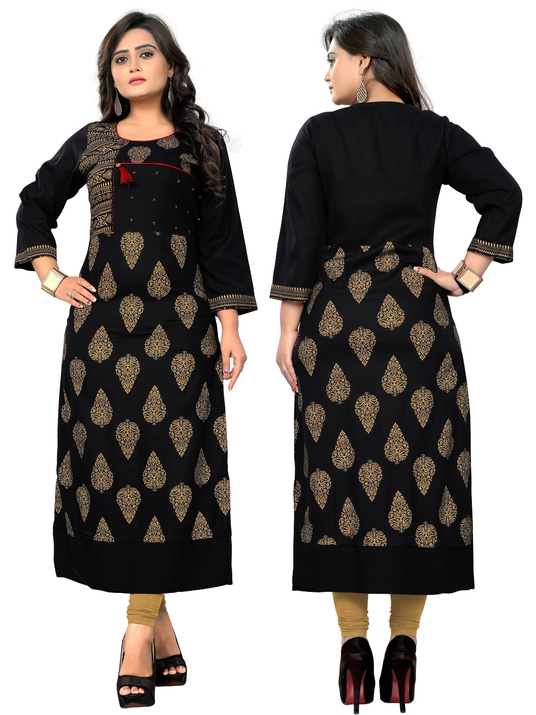 Black Printed Rayon Straight Kurti