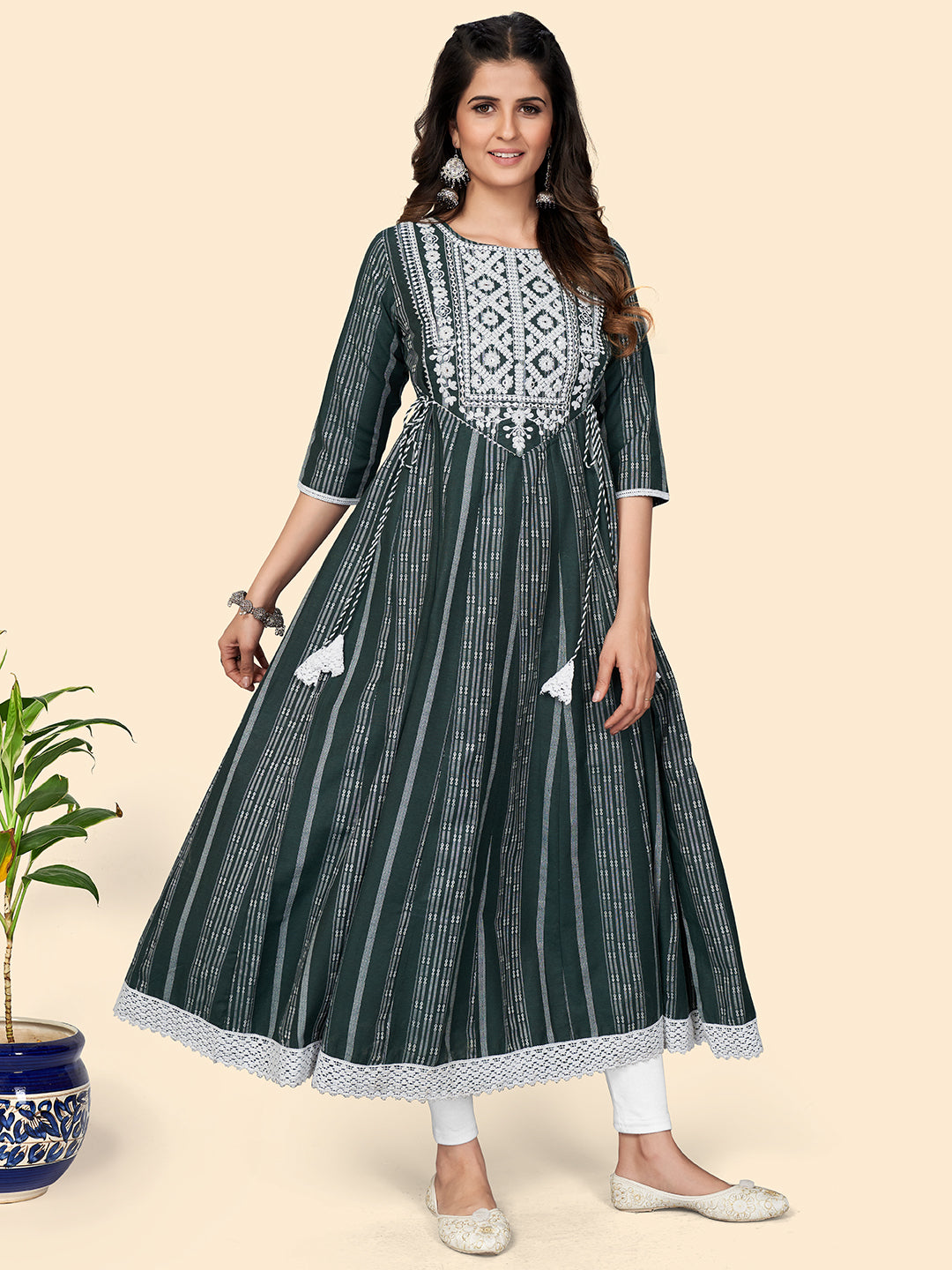 Green Embroidered Anarkali Cotton Kurta