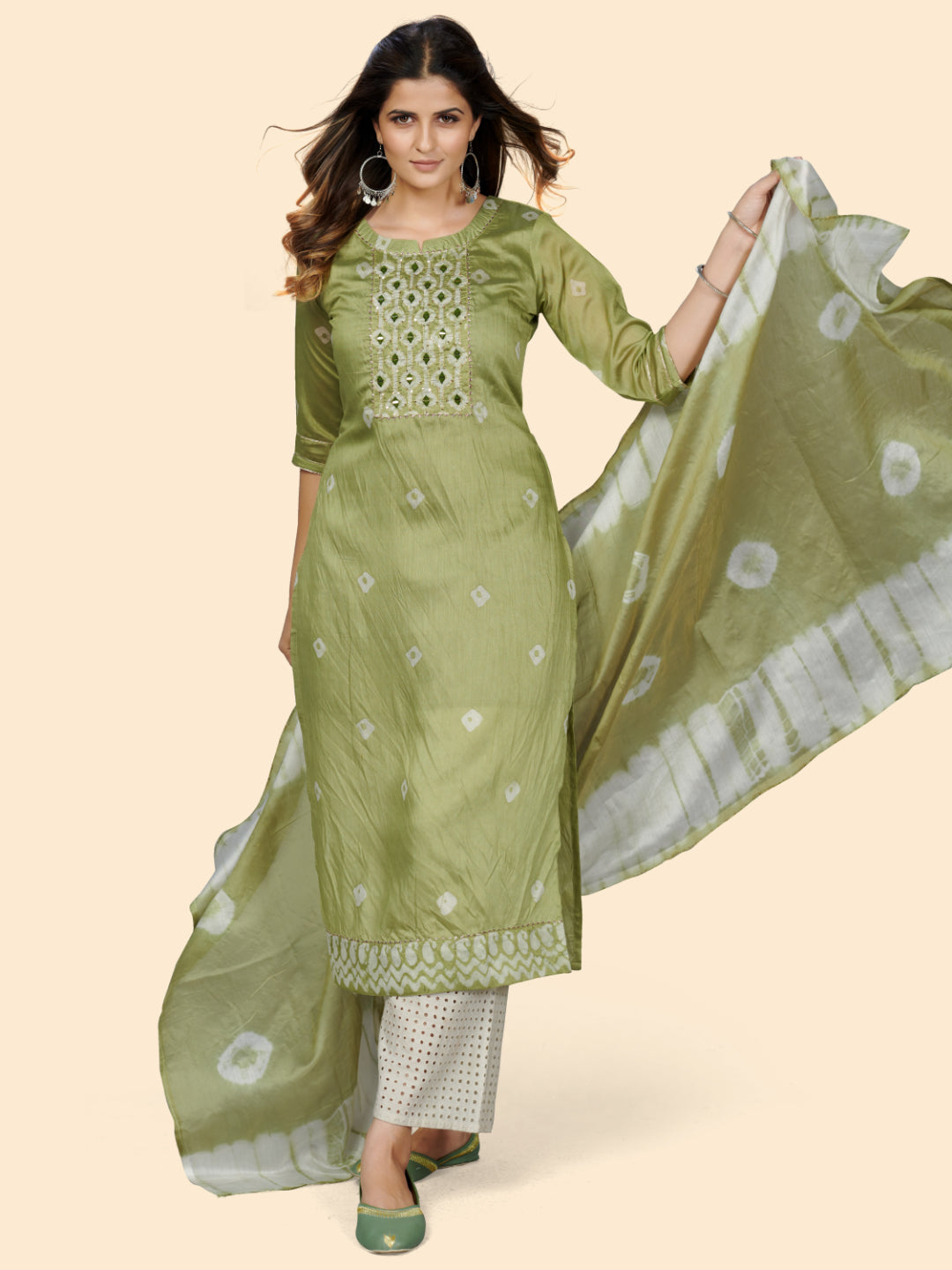 Parrot Green Straight Chanderi Kurta With Dupatta