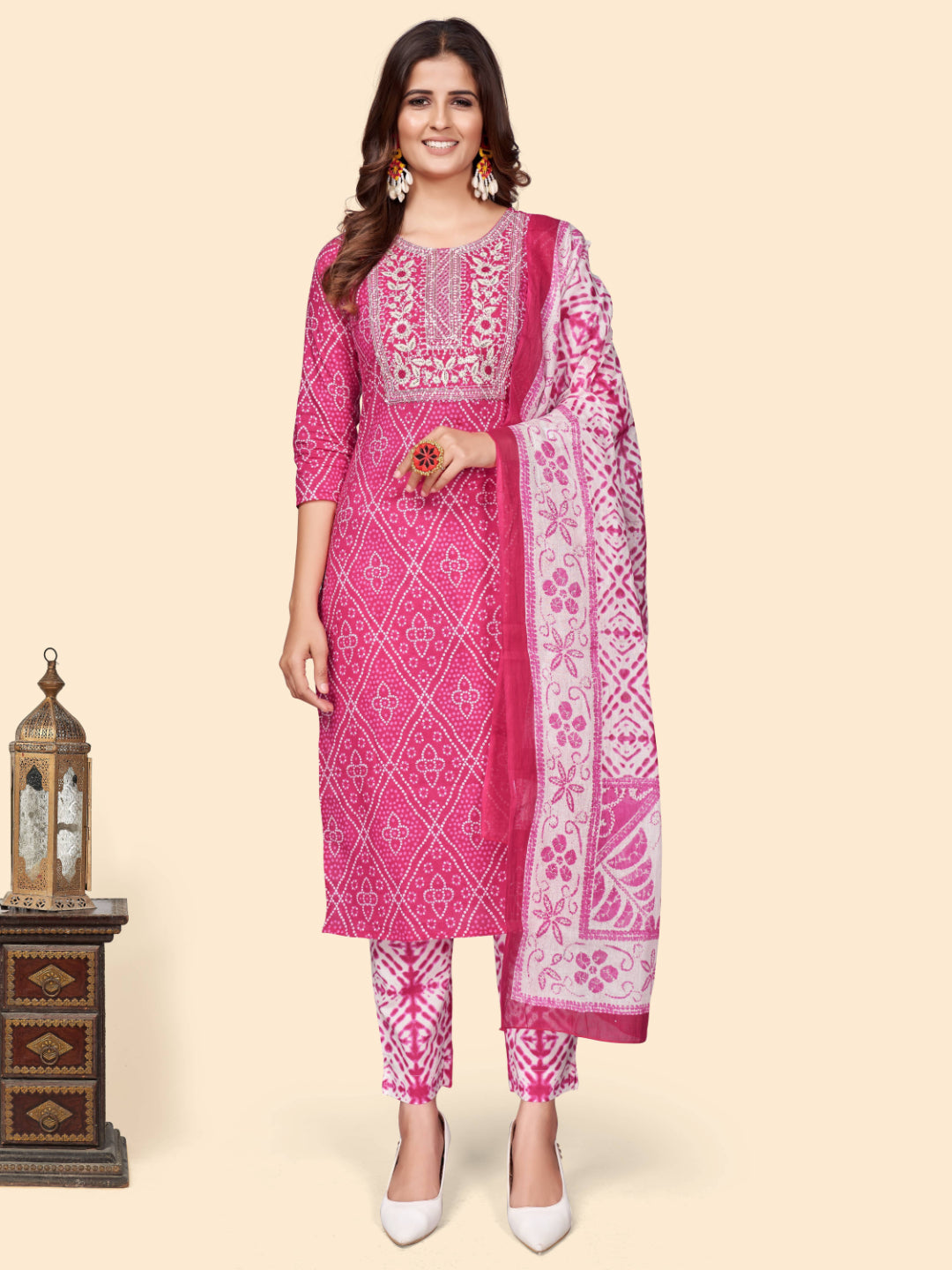Dark Pink Straight Cotton Kurta Set